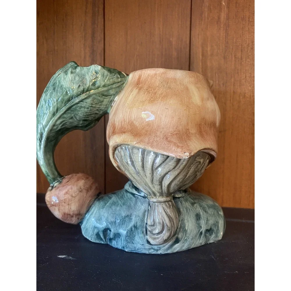 2 Vintage Jug Head Figural Girl Boy Vase Mug w/vegetable Radish Eggplant handle